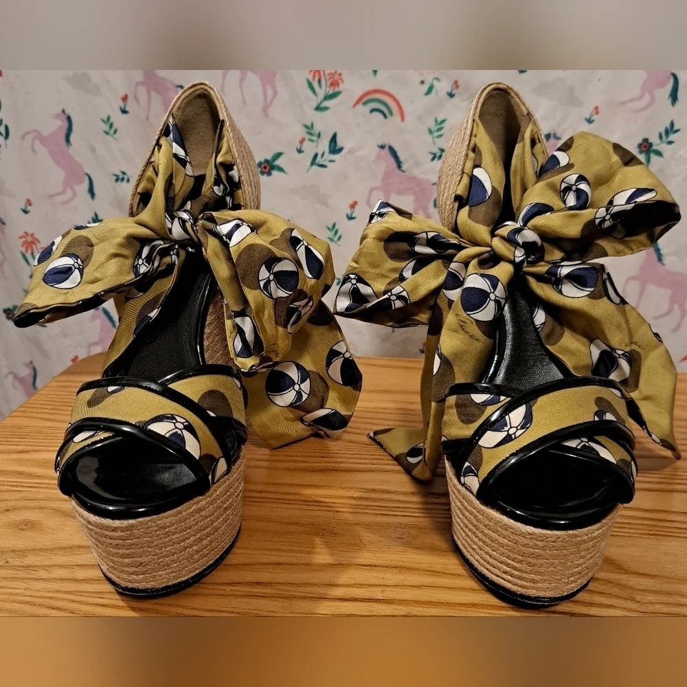 EUC RARE Vintage Y2K Gucci Platform Boho Jute & Silk Wedge Espadrille Shoe SZ 6